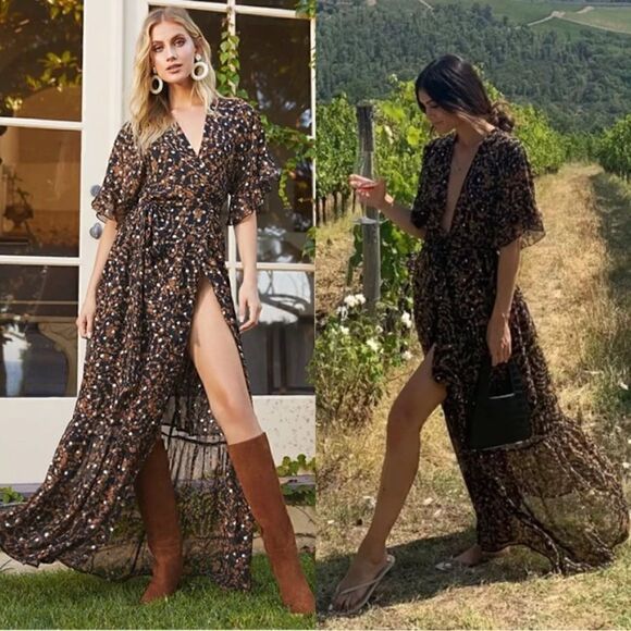 Sabina Musayev Dresses & Skirts - Sabina Musayev Brook Maxi Brown Dress Sheer Floral Size M